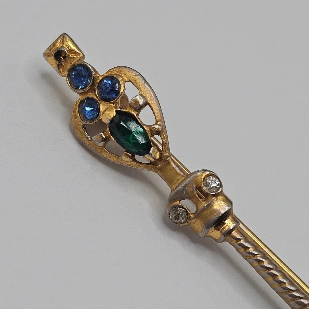 Vtg Scepter Bar Brooch Gold Tone Multi-Color Rhinestone Costume Royal 3